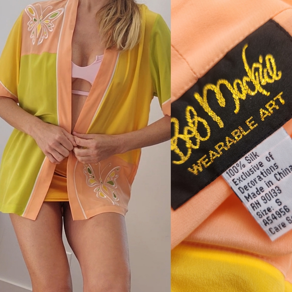 Bob Mackie Zendaya favorite peach lime butterfly 100% silk festival blouse top s - Picture 4 of 7